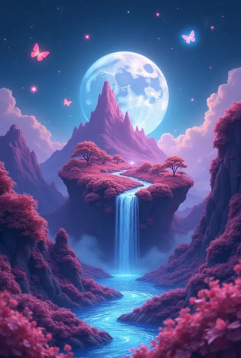 galaxy pink purple blue small world, tree with pink mountains and waterfall, glow at night, big moon and stars, stars butterflies, space


