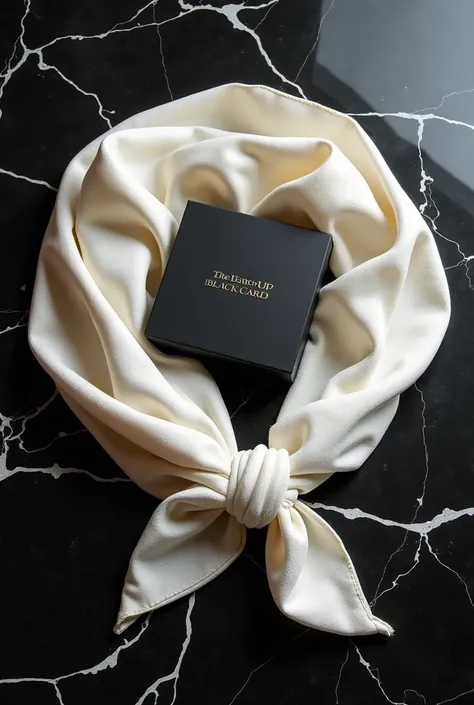 Ultra-HD image, hyper-realistic, showcasing a luxurious presentation of a collection with a very large, rectangular traditional Japanese furoshiki fabric laid flat on a polished black marble surface with striking white veins. The fabric, in an exquisite cr...