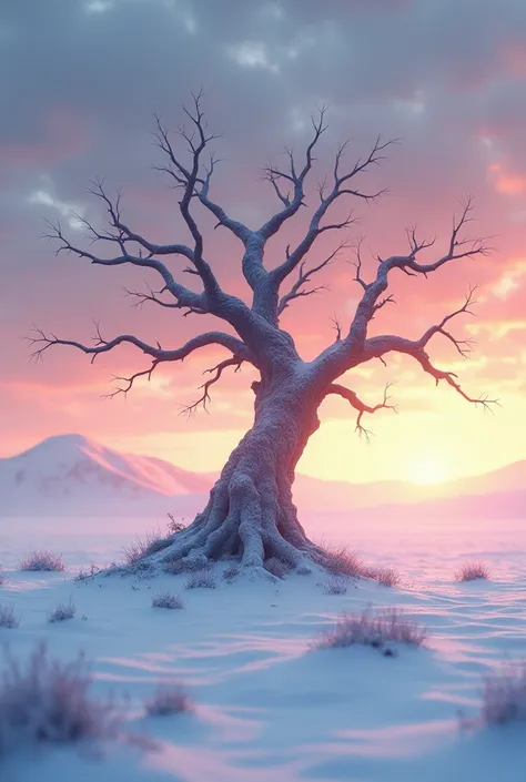 GIF of an old leafless tree in the middle of a snowy desert at dusk 