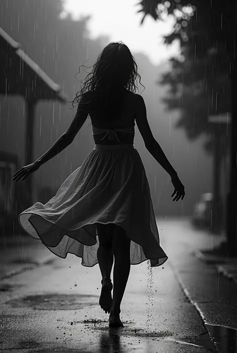 a short video of a girl dancing in the rain, make it black and white and real