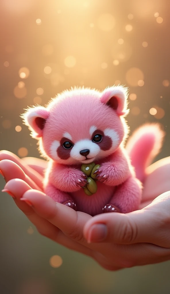 Mini Panda in Pink Pink :

 In the palm of his hand Play an enchanting mini panda ,  painted in shades of pink with specks of darker pink that form its characteristic pattern .  Its shiny coat seems incredibly soft ,  while its expressive black eyes radiat...