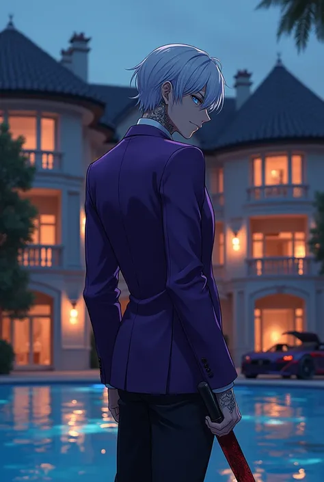 Brutal cool anime. A man with white hair, blue eyes, wearing a purple suit, black pants, holding a short knife stained with blood, tattooed on his neck, standing with his back, leaning to the side, seeing a little face in front of a large mansion with a be...