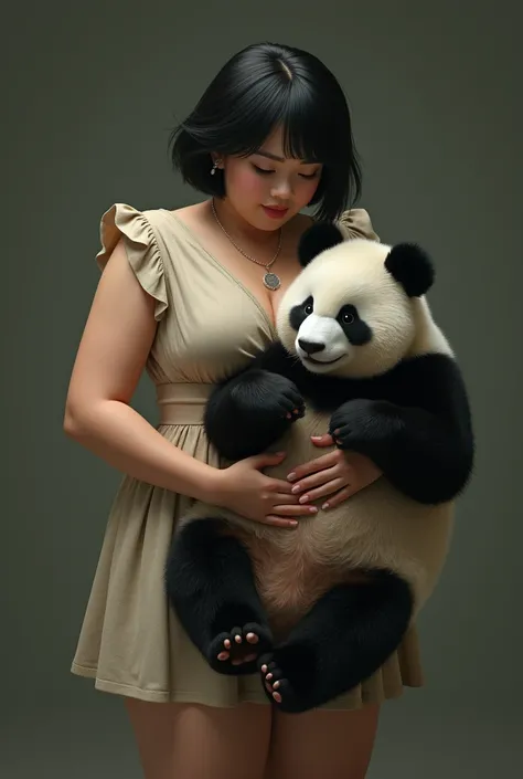 A beautiful voluptuous woman with large arms and legs, short black hair, wearing a modest and simple dress, happily caring for a panda bear, realistic, hyper detailed, intricate, 8k, ultra realistic, award winning, stunning composition, dramatic lighting, ...