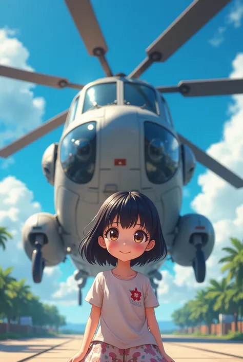 Cute girl, with great helicopter in background, anime style