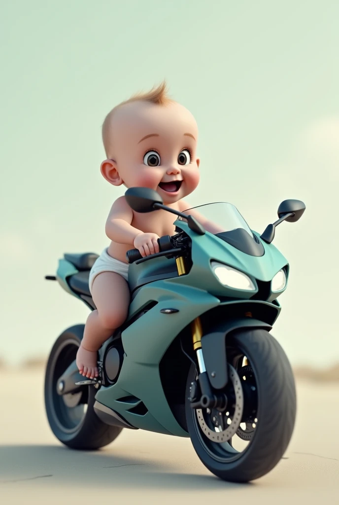 and, With a sports bike make a baby in a diaper mounted on it that is gray and animated