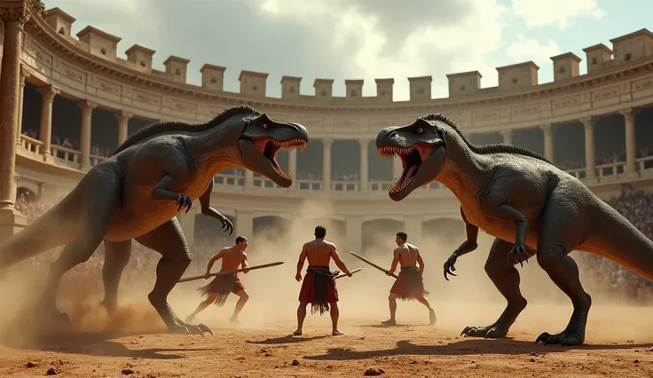 HDR Image Gladiators in ancient Rome suddenly find themselves battling for their lives against three hungry baryonyx.