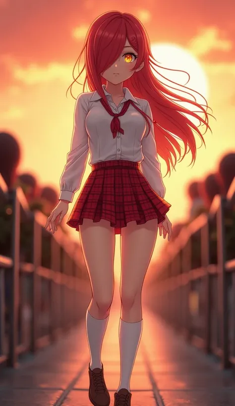   long red hair  ,   large lock of hair covering the right eye , neon yellow eyes ,   mujer adulta ,   Gyaru

beautiful anime schoolgirl  ,   full body

white shirt  ,  ,  red plaid miniskirt  ,   long white socks  ,  brown shoes ,   thick thighs very sexy...