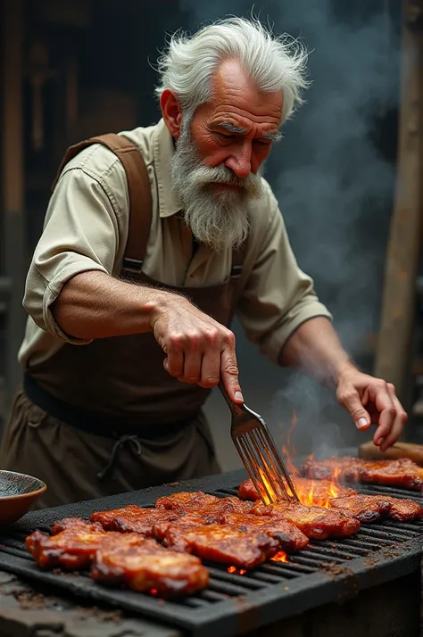 Old man cooking grilled meat with a fork in his hand