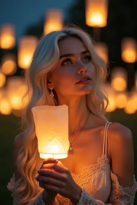 real photos seek eyebrow elegante face perfect face long platinum blonde hair green eyes long eyelashes full Botox lips  white hair   Floating Lantern Fantasy
Concept: Nighttime shoot with glowing lanterns in the air.
Outfit: Delicate lace or silk gown.
Po...