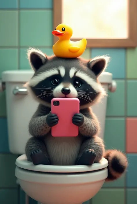  Imagine a cute raccoon ,  sitting relaxed in a toilet .  His coat is soft and gray with the typical black stripes on his face . In his front paws, he is holding a pink smartphone on which he is reading.  A yellow rubber duck balances on his head ,  that g...