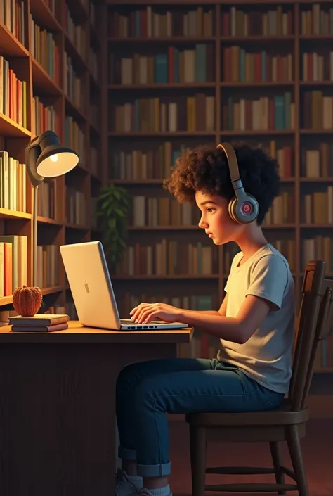 a young handsome boy typing a laptop in a room full of books in the wall with headphones 