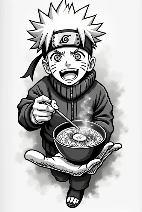 A tattoo design with black and white manga lines depicting a hood Naruto makes a happy appearance. The uncle of the ramen shop handed a bowl of ramen to see only his uncle's wrist.