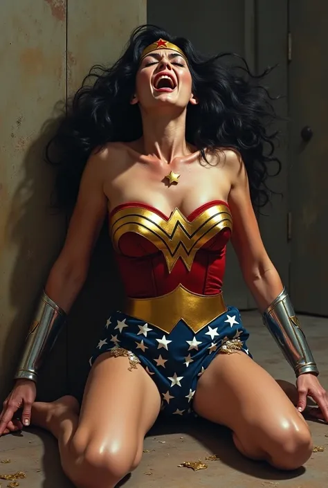  Wonder Woman by Lynda Carter is struck by a shattered uniform gunshot , She falls to her knees , Gasping and screaming in pain  ,  and her head tilted back and her breasts very inflated and large