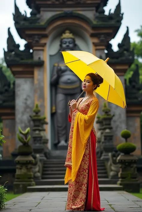 arafed woman standing in front of a statue with a yellow umbrella, a picture inspired by I Ketut Soki, instagram, happening, in front of a temple, traditional dress, traditional clothes, wearing an ornate outfit, in front of the temple, traditional beauty,...