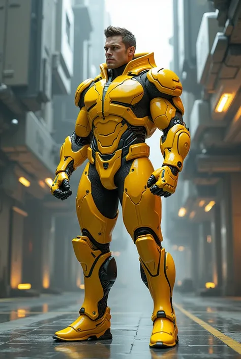 Create a model of a hero, an imposing muscular character, he wears a cyborg-like costume, a futuristic setting and the costume is the color yellow.