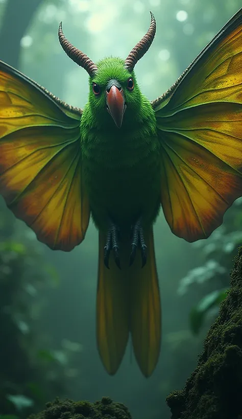 " A hybrid creature Creepy that combines the characteristics of a parrot Green and a colossal moth.  The head and body have the structure of a parrot ,  but with enormous and intricately detailed wings like those of a moth . The wings have vibrant patterns...