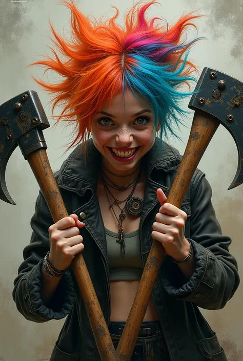 A girl of about  ,  with colorful spiky hair ,  and a manic expression holding two axes and a leather coat