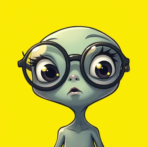  imagine a Grey-eyed, black-eyed alien wearing prescription glasses , with an animated physiognomy ,  drawing style with fine and well-detailed lines yellow background  , cartoon illustration ,.  cartoon