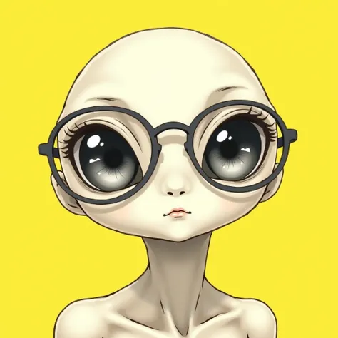  imagine a Grey-eyed, black-eyed alien wearing prescription glasses ,  drawing style with fine and well-detailed lines yellow background  , anime style illustration,.  cartoon