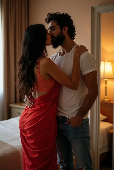 indian woman, 35 year old , upper class , sexy and fully blossomed, fair, standing in front of mirror,  wearing figure hugging saree and blouse, hugging  athetic muslim man watching her lips, wearing jeans and t shirt, upper class bedroom back ground, roma...