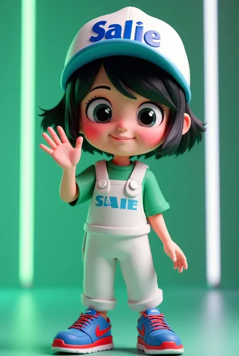 3D cartoon image of a rescuer girl with short black hair, wearing white  green rescuer outfit with name "SALIE" in front of her tshirt, wearing a  blue cap with "SALIE" in blue letters, and blue and red Nike sneakers. She is gently smiling, and she is wavi...