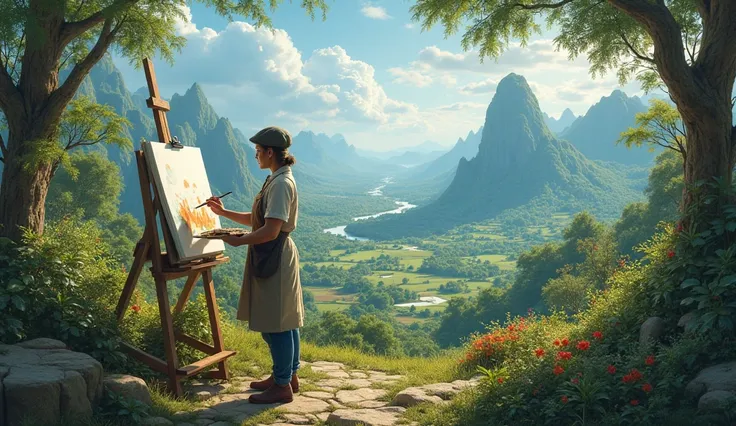 REALISTIC PAINTER IN FRONT OF A CANVAS PAINTING AN EXUBERANT LANDSCAPE OF NATURE THAT UNFOLDS IN THE BACKGROUND OF HIS CANVAS THAT IS ALREADY WELL ADVANCED 