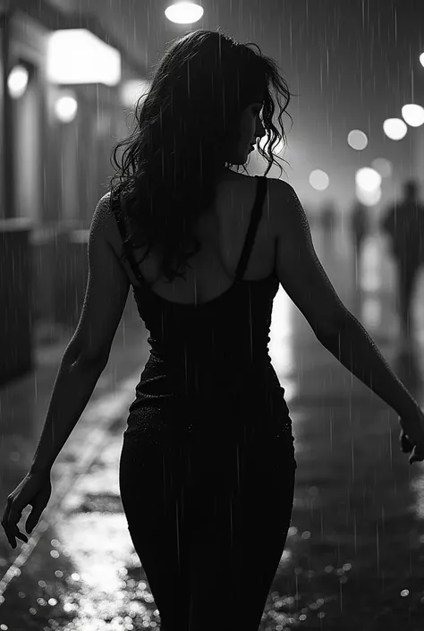 Black and white image of a real, curvaceous woman dancing in the rain on the streets, only the back view is shown. She is wearing a low back dress
