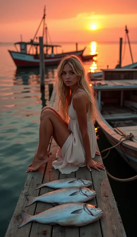 A small wooden pier, built from old planks, showing signs of time and sea salt. It is slightly inclined towards the calm sea water, reflecting the bright red and gold hues of the sunset. On the edge of the pier sits a beautiful girl with long blonde hair f...