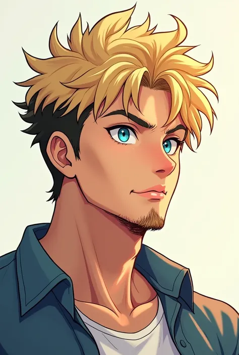 Homme cheveux coût blond barbe courte yeux bleu style mangas animé 