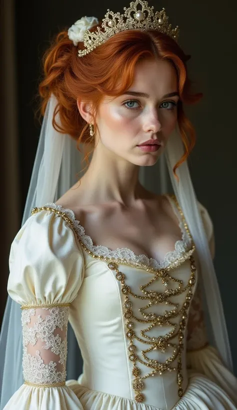 Sad Bride Emily presented as an 1812 romance era bride.  Red-gold hair in romance era bridal style updo with veil. Full makeup. Full length shot, Hair Ribbon, Hair Bow, Tiara, Mole Under Mouth, Mouth Veil, 