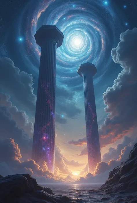 Two Galatic colliseum pillars but thee pillars are galaxy 