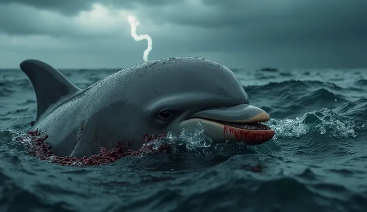 Close-up:
A dolphin tangled in a ghost net struggles to swim. The net cuts deep into its smooth gray skin, leaving visible wounds oozing blood. Dark, choppy water swirls around it as thunder rumbles overhead.