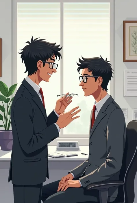  an animated optometrist in his dark gray uniform , short black hair up to his ears disheveled , with square metal lenses ,   who is showing his patient that he is sitting looking at the optometric table that is on his wall of his office that is painted wh...