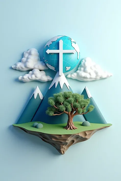 Make me a church logo name EMEMO  , with a mountain , une globe, An olive tree and a blue and white cross in 3D