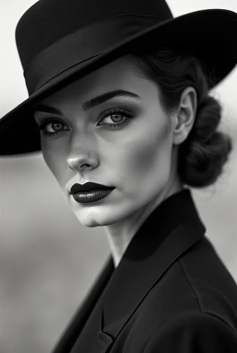 portrait of a beautiful Italian woman wearing a hat dressed elegantly according to the 1950s in black and white