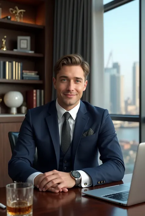  A Young Man, white,  with bright green eyes and light brown hair styled in a way elegant ,  captured in an ultra-realistic environment in 4K .  He wears a perfectly adjusted three-piece navy blue suit ,  with a high-quality white cotton shirt and a gray s...