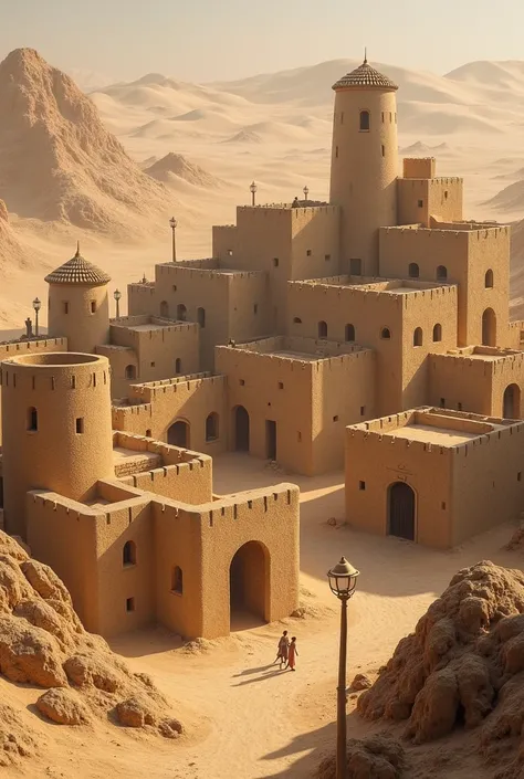 Medieval desert village,  with sand-colored rock houses,  square houses in general , poles with lamps , by day, ((top image)), (more separated houses), ((sand hills )), (a single village ), (( REALISTIC IMAGE)), (houses scattered across the hills ), (( rou...