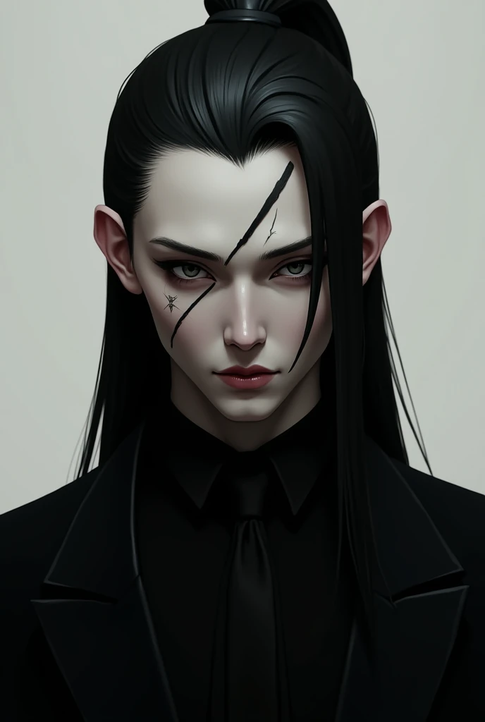 A tall, slender man with long, straight black hair styled backwards with a ribbon, Dark, piercing eyes, and pale skin .  He wears a black suit and has a scar on his left cheek.  His expression is serious and concentrated , with an air of mystery and superi...