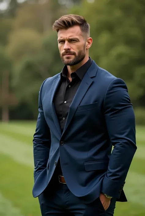  A muscular man, strong arms, muscular chest, Big body working out , big working out with dark blue suit and black dress shirt, dark blue pants and belt ,  brown hair and thin beard ,  looking forward to the wedding party garden on a farm realistic modern ...