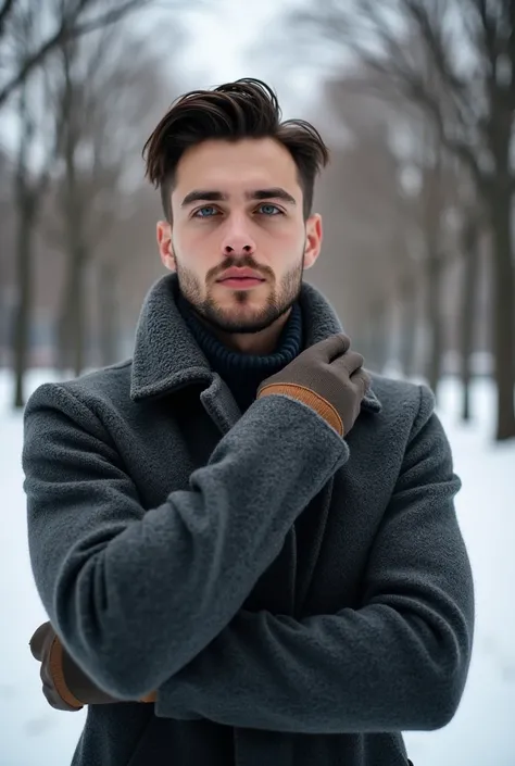 A young man, franchisco lakowsky, 24 years old square face, pale skin, blue eyes, trimmed beard, dark brown brushed back wet hair, muscular standing in a park, exhaling cold breath into the crisp winter air. His sweater sleeves cover his hands as he adjust...