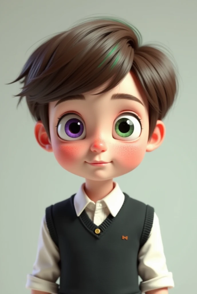 A 3D cartoon style boy, with a big head similar to a doll, white skin with freckles, a school uniform, a white shirt and a black vest with a single button, short brown hair with a green streak, well combed without any loose hair, big eyes with heterochromi...