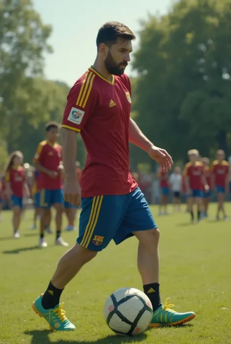 Scene 2: Street Football with s
Messi strolls through a park and is invited by a group of s to play football. He agrees but disguises his skills, pretending to struggle. Suddenly, he "accidentally" nutmegs everyone, leaving the s in awe. He winks at the ca...