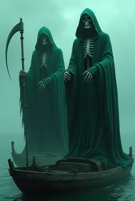 Draw 2 Giant Green Grim Reapers on a boat with Black shades