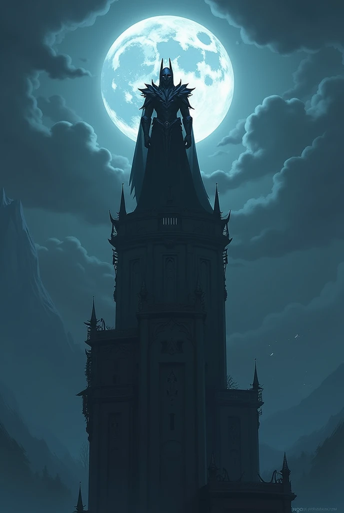  The character Zed from League of Legends in a more realistic way, on top of a tower watching everything , under the moonlight