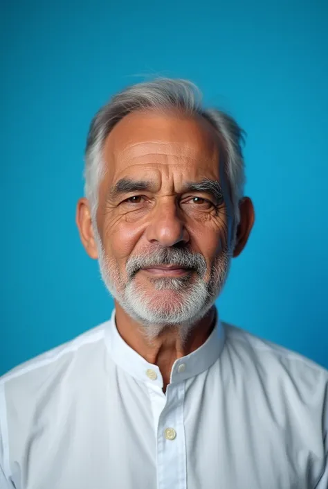 Create an image of 60 year old man for documents having blue background and wearing shalwar qamiz and his hair are less from front also Beard and mustache less i said without beard and mustache 