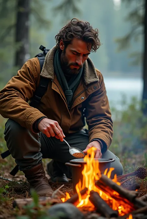 Homme dans la nature qui cuisine 