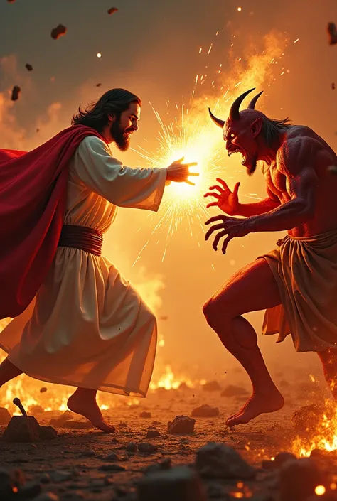 An intense, hyper-realistic scene where Jesus and the Devil engage in brutal battle on a fiery, cracked battlefield. Jesus, dressed in his white robe and red cloak, throws a powerful, glowing punch, his robe billowing in the wind as light explodes from his...