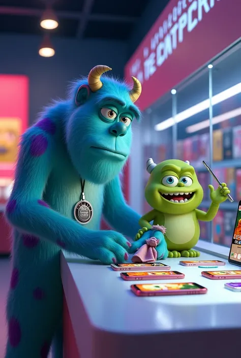  Create a Disney Pixar-style image inspired by the universe of 'Monsters S .a.', With the title 'Showcase Monsters' add that title to the movie/poster. a cena apresenta dois monstros principais em uma loja moderna de tecnologia para monstros,  organizing i...