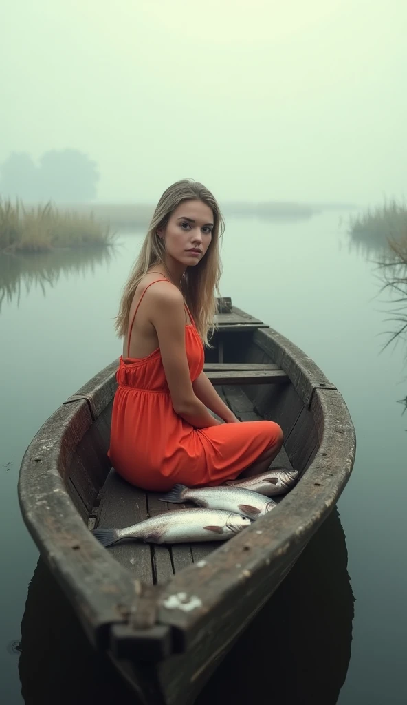 Early morning is shrouded in a light misty haze, spreading over the calm surface of the lake. In the background, small patches of reeds are visible, standing still in the cool morning air. In the center of the scene is an old wooden boat, gently rocking on...