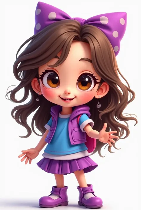 cartoon girl,  brown eyes,  loose brown hair, purple and blue clothing  , s